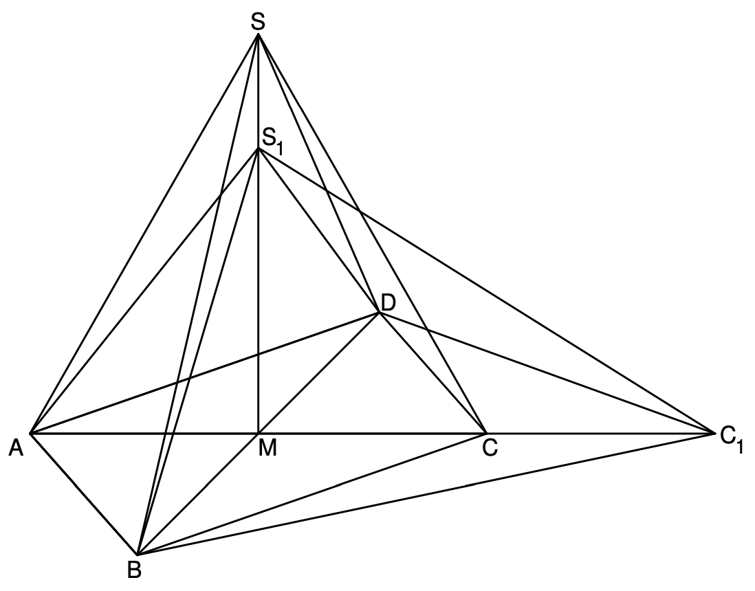 Geometrische Skizze eines dreidimensional wirkenden Dreiecks mit Punkten S, S1, D, A, B, C, C1, M und vielen Verbindungslinien